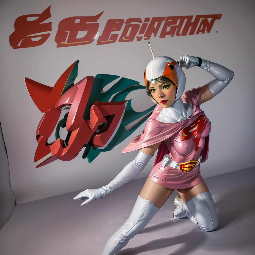 ANI_CLASSIC_jun_gatchaman_ownwaifu,1girl, 15yo,good anatomy, masterpiece, best quality,realistic, hyper realistic, 16k hdr, long hair,breasts,lips,large breasts,lipstick,makeup,gloves,cape,helmet,belt,elbow gloves,white gloves,mask,ultra miniskirt,leotard,spacesuit,white tight overknee highheels boots,pink dress,superhero,bodysuit,cleavage,erected nipples,(stand pose,hands on hip),(spread legs:1.1),cameltoe