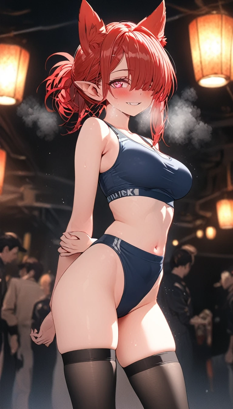 (8k, 4k, Masterpiece, Ultra quality, Ultra detail, HDR, Anime, Brighter colors), (1girl, Kitsune ears, Cherry-red hair, medium hair, Bangs over one eye, Tied hair, Blush, Lustful look, Heart pupils, smiling, heavy breath, breasts, (Sport bra, Highleg panty, thigh-highs), Standing , Hands behind back