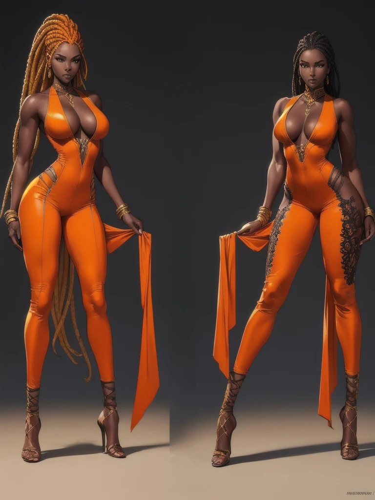 ((best quality)), ((4k)), ((highres)), ((masterpiece:1.2)). ((detailed)), ((ultra realistic)), ((intricate details)), ((full body picture)), a full body picture of a beautifull Ebony skinned female, black woman, dark skin, ebony princess, ebony model, perfect face, detailed eyes, detailed lips, posing with her arms above her head, ((arms above her head)), about 25 years old, about 5'7 ft. tall, long thin dreadlocks down to her hips, ((emphasis on her long thin dreadlocks down to her hips)), pretty, feminine woman, toned body but not too muscular looking, hourglass figure, dressed in a skin-tight sleeveless full body orange jumpsuit, ((emphasis on the skin-tight sleeveless full body orange jumpsuit)), gold adornments, showing cleavage, glamorous, strappy lace up high, fighting game character concept art, tekken character design, the king of fighters character concept, full bofy, full body concept art, full body art
