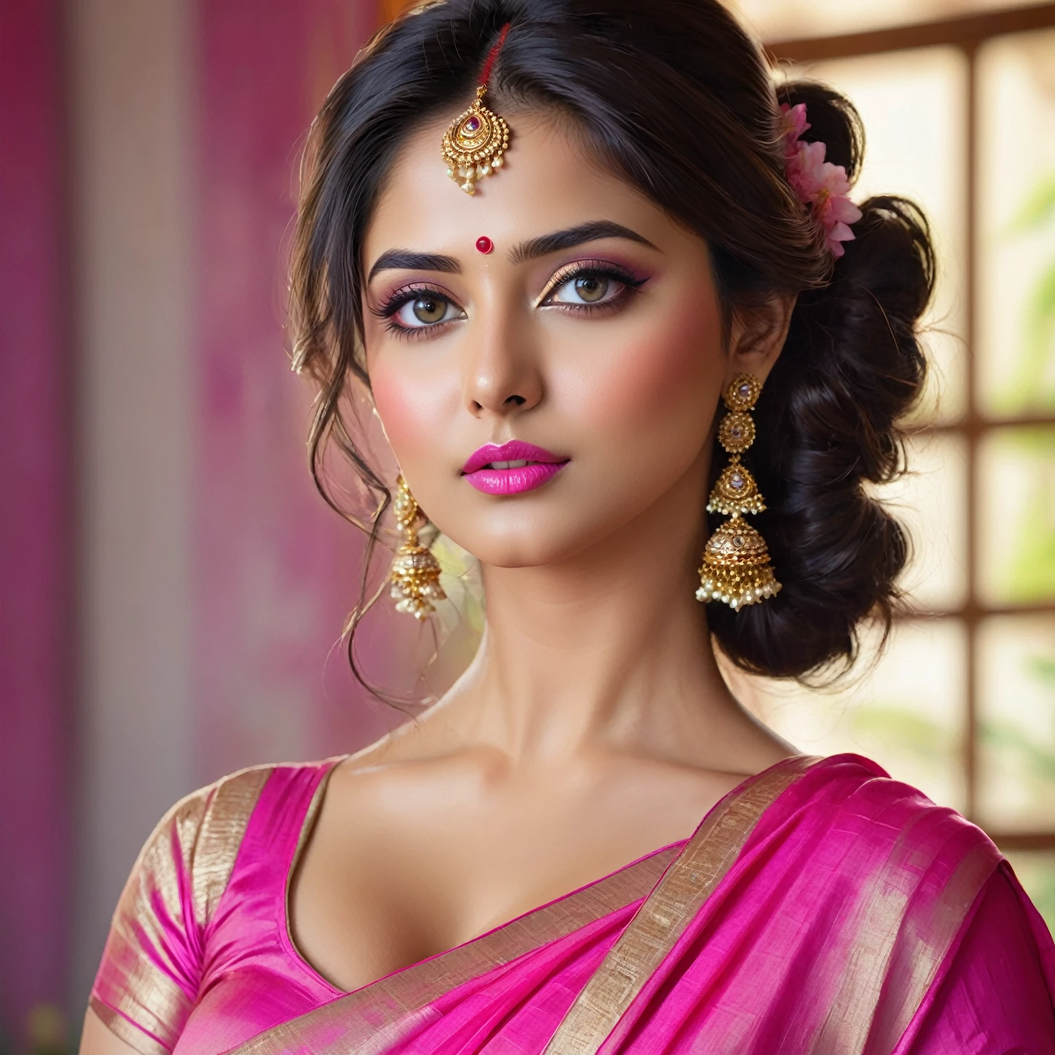 perfect pink eyes, fantastic face, Indian, beautiful look, ((pink lips, bright eyes, curve heir 1.5)), ((beautiful details very big breast )), (Straight round and ultra huge clevage, not sagging breast), A glorious gorgeous, glorious gorgeous face, pretty face, bright eyes, detailed elegant printed pink silk saree, updo elegant hair, blurred dark neon tones background, ultra focus, face ilumined, face detailed, 8k resolution, painted, dry brush, brush strokes, razumov style and garmash style, by Tokaito, ((Full Open )), full body, sexy open thin belly,