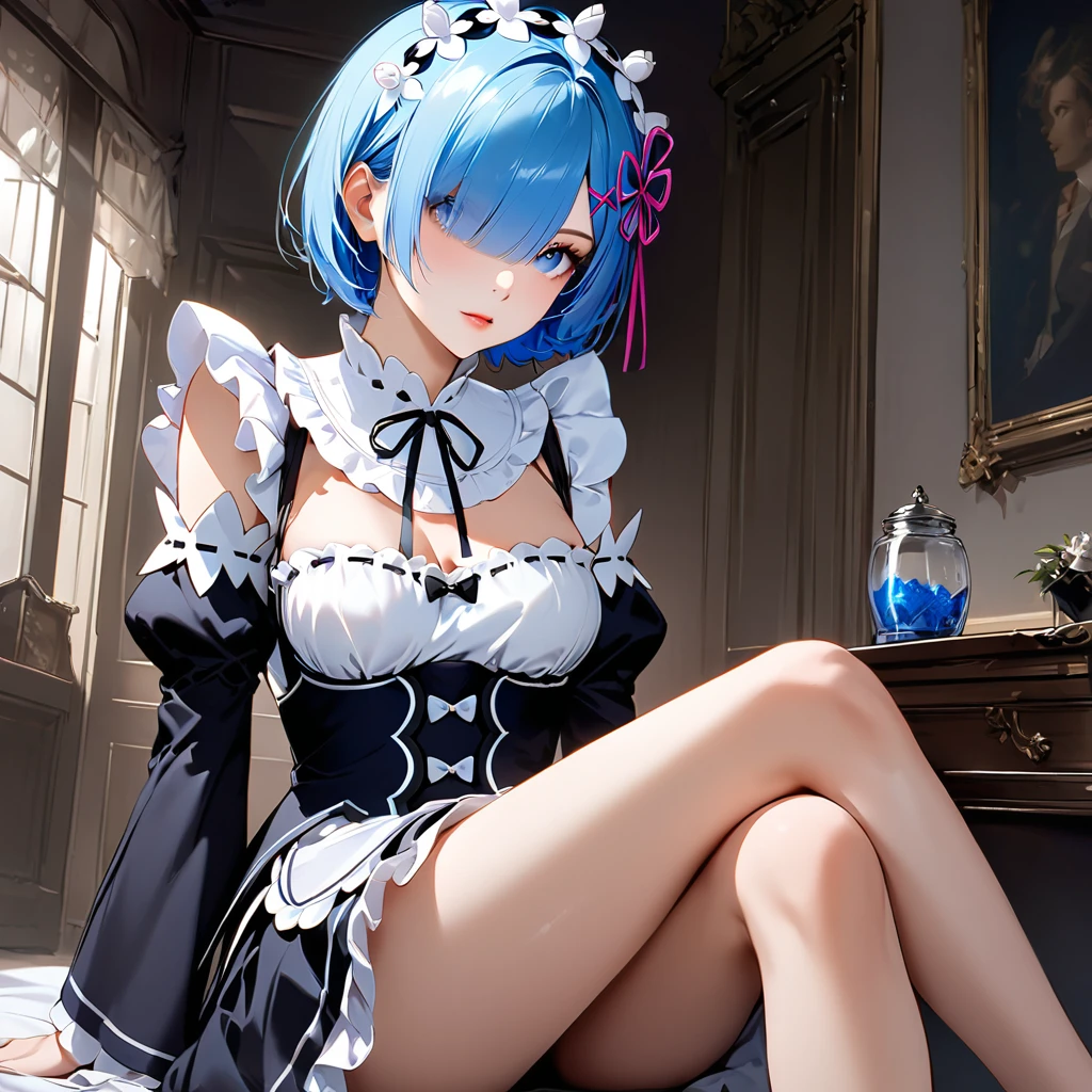 score_9, score_8_up, score_7_up, rem_\(re:zero\)
blue_eyes,hair_over_one_eye,short_hair,blue_hair,hair_ribbon,roswaal_mansion_maid_uniform, 1girl, solo, sitting, crossed legs,
Masterpiece, best quality, detailed eyes, perfect face, award winning, hyper-realistic