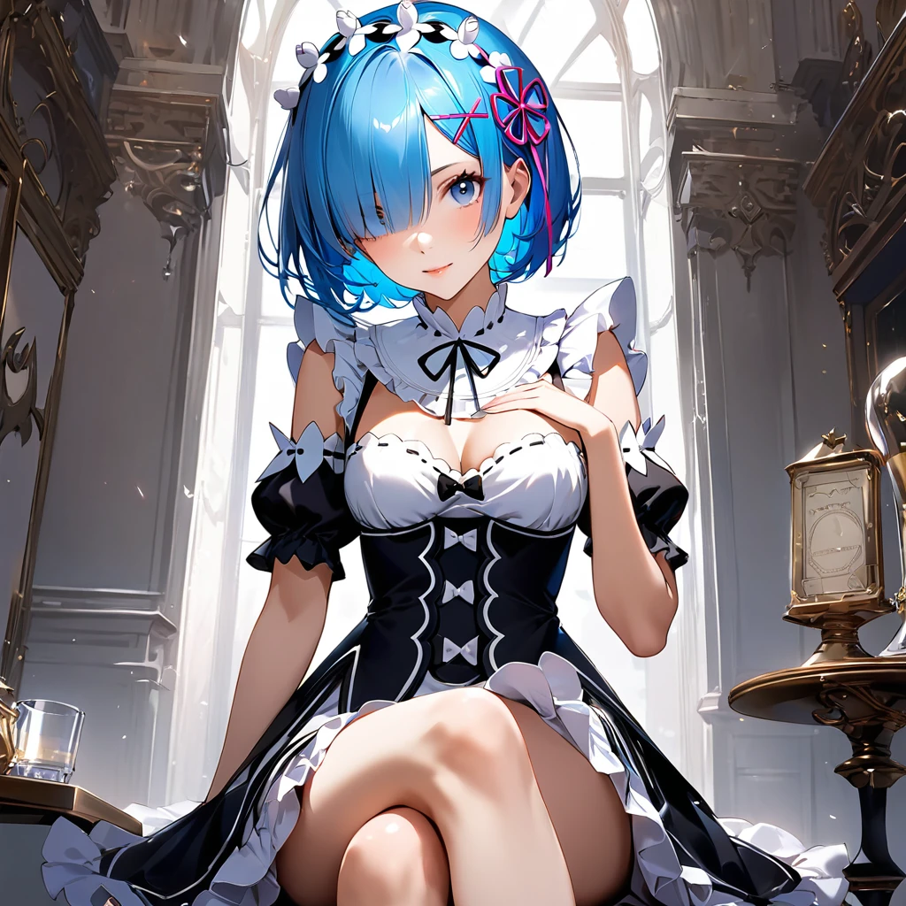 score_9, score_8_up, score_7_up, rem_\(re:zero\)
blue_eyes,hair_over_one_eye,short_hair,blue_hair,hair_ribbon,roswaal_mansion_maid_uniform, 1girl, solo, sitting, crossed legs,
Masterpiece, best quality, detailed eyes, perfect face, award winning, hyper-realistic