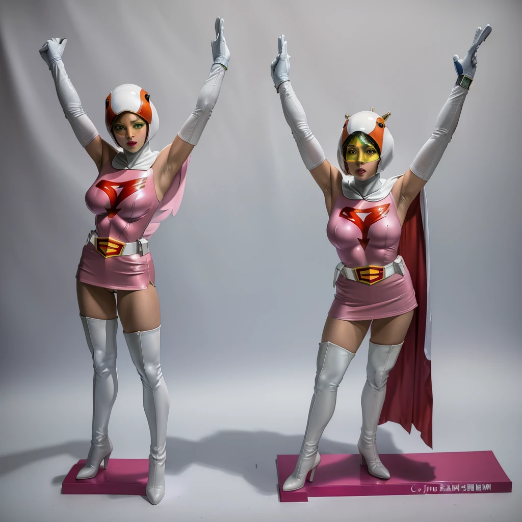 ANI_CLASSIC_jun_gatchaman_ownwaifu,1girl, 15 years old,good anatomy, masterpiece, best quality,realistic, hyperrealistic, 16k hdr,breasts,green eyes,lips,large breasts,lipstick,makeup,gloves,cape,helmet,belt,elbow gloves,white gloves,mask,ultra miniskirt,leotard,spacesuit,white tight overknee highheels boots,pink dress,superhero,bodysuit,cleavage,erected nipples,((standing pose,spread legs, arms up straight)),cameltoe