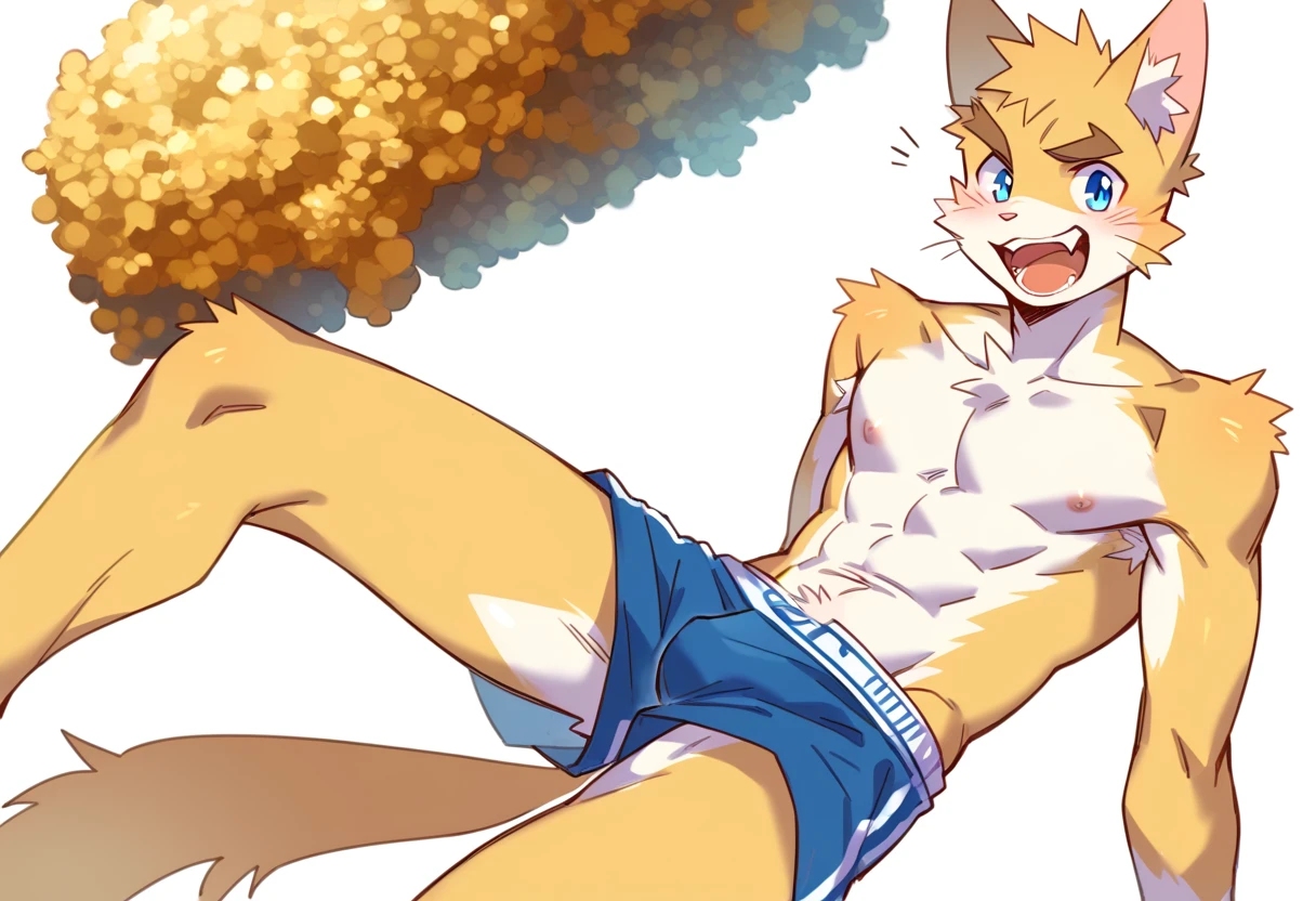 score_9, score_8_up, score_7_up, male, furry, high quality, hires, anthro, teenager, , domestic cat, bright yellow fur, blue eyes, wide brown eyebrows, an excited expression, humanoid feet, slim body, prominent v-line, prominent abs, prominent legs, prominent forearm, prominent knees, white background, treasure trail, armpit hair, furry legs, taking off his underwear