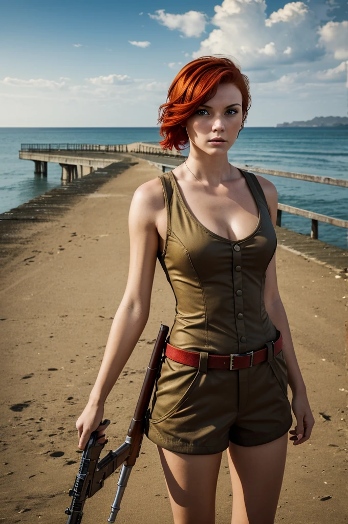 absurd resolution, high resolution, (Masterpiece: 1.4), hyper-detail, Weapons testing site on an empty seaside pier, 1 young woman, short red hair, soldier costume, very serious expression
