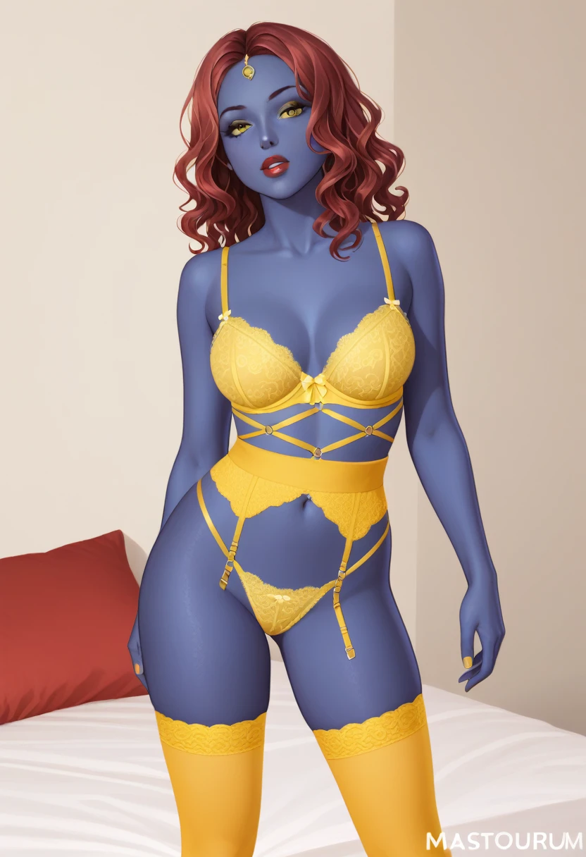 score_9_up, score_8_up, score_7_up, 1girl, solo, mature female, ((Mystiqur)), (((red short wavy hair, dark blue skin))), yellow eyes, red lips, parted lips, fit slim body,((perfect medium erected breast)), (((yellow lingerie with yellow stockings))), bedroom, perfect model body, looking at the viewer, seductive pose