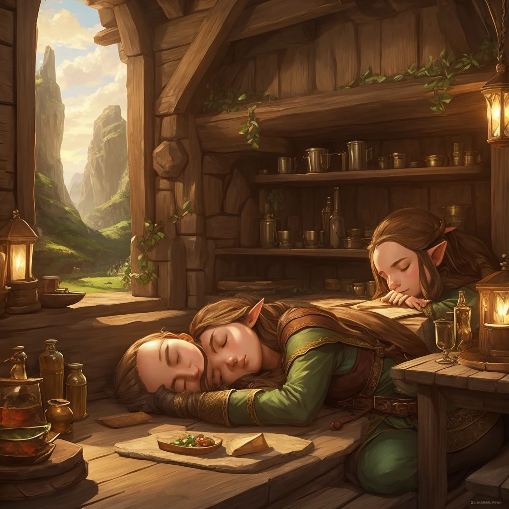 1girl, adventurer, tavern, elf, sleeping/resting,