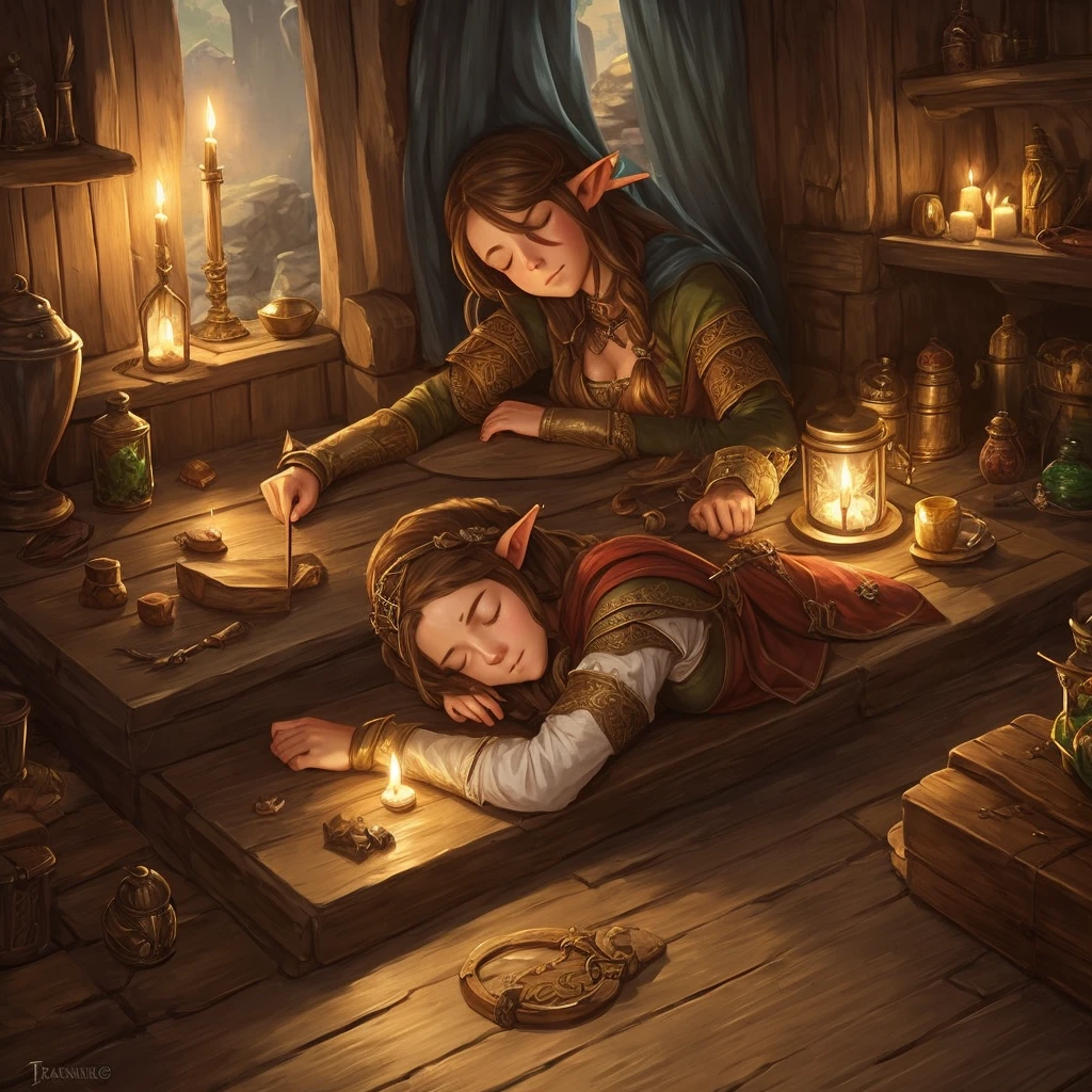 1girl, adventurer, tavern, elf, sleeping/resting,