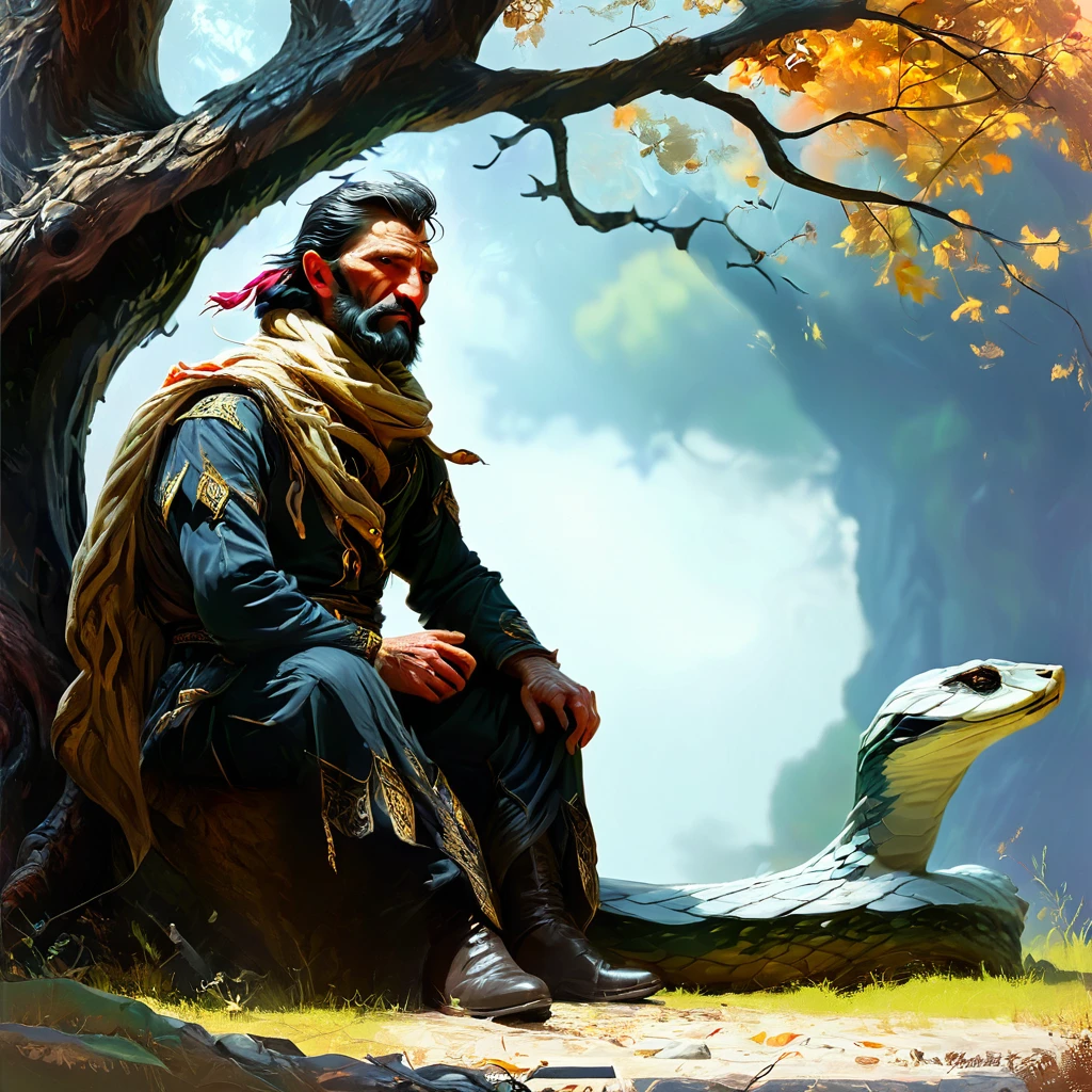 Caucasus nationality, Georgian Middle-aged man in traditional outfit, with serious face, who is sitting under giant oak tree, The oak tree Bound by snake, man caressing little dear, Autumn, leaf on ground, by Frank frazetta full body profile, trending on artstation, dramatic lightning, ultra hd
