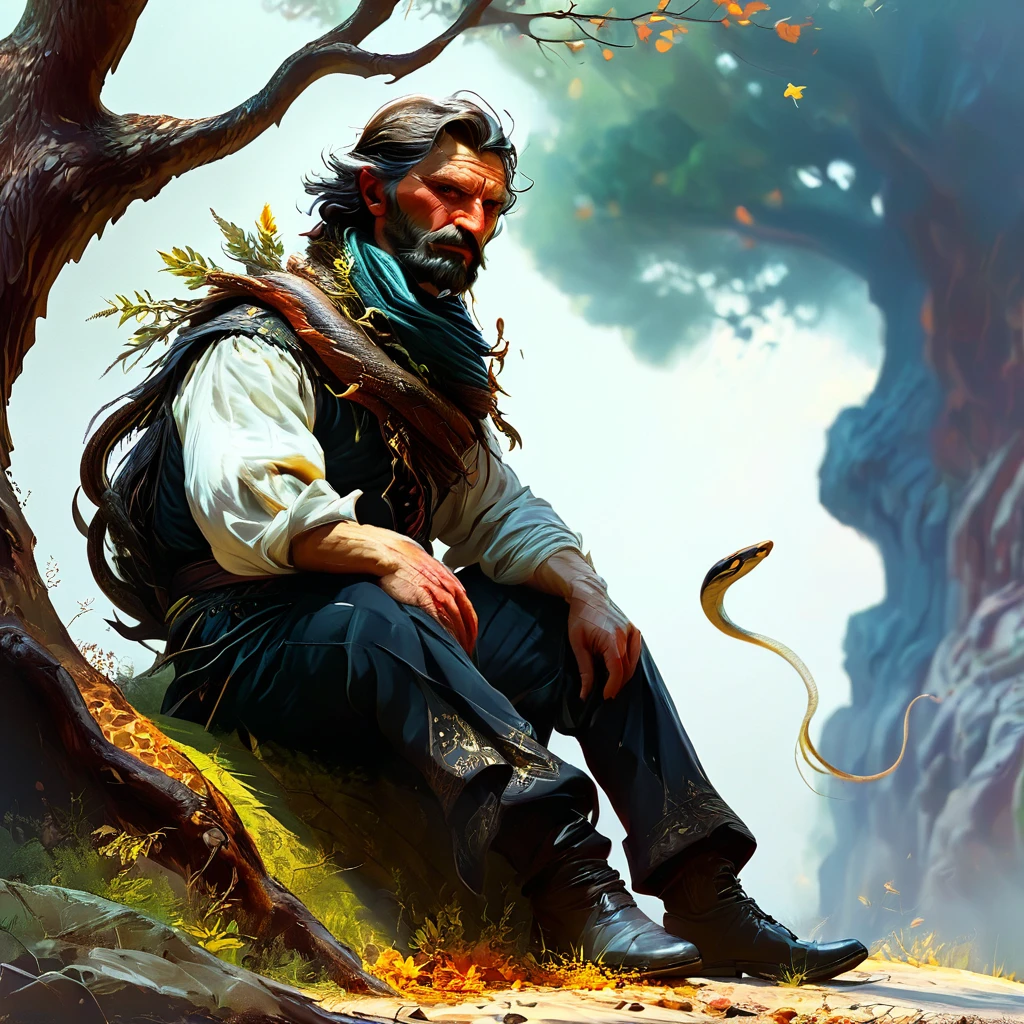 Caucasus nationality, Georgian Middle-aged man in traditional outfit, with serious face, who is sitting under giant oak tree, The oak tree Bound by snake, man caressing little dear, Autumn, leaf on ground, by Frank frazetta full body profile, trending on artstation, dramatic lightning, ultra hd
