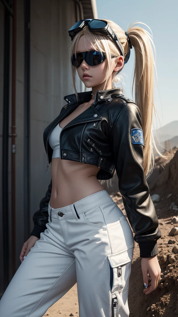 NSFW, Teenage blonde girl, her hair is in lose twin tails,  wearing a cropped blue leather jacket, white sports bra, baggy black pants with lots of pockets, goggles on her head,  fair skin, covered with dirt and black mechanical grease.  Sci fi settings, 
