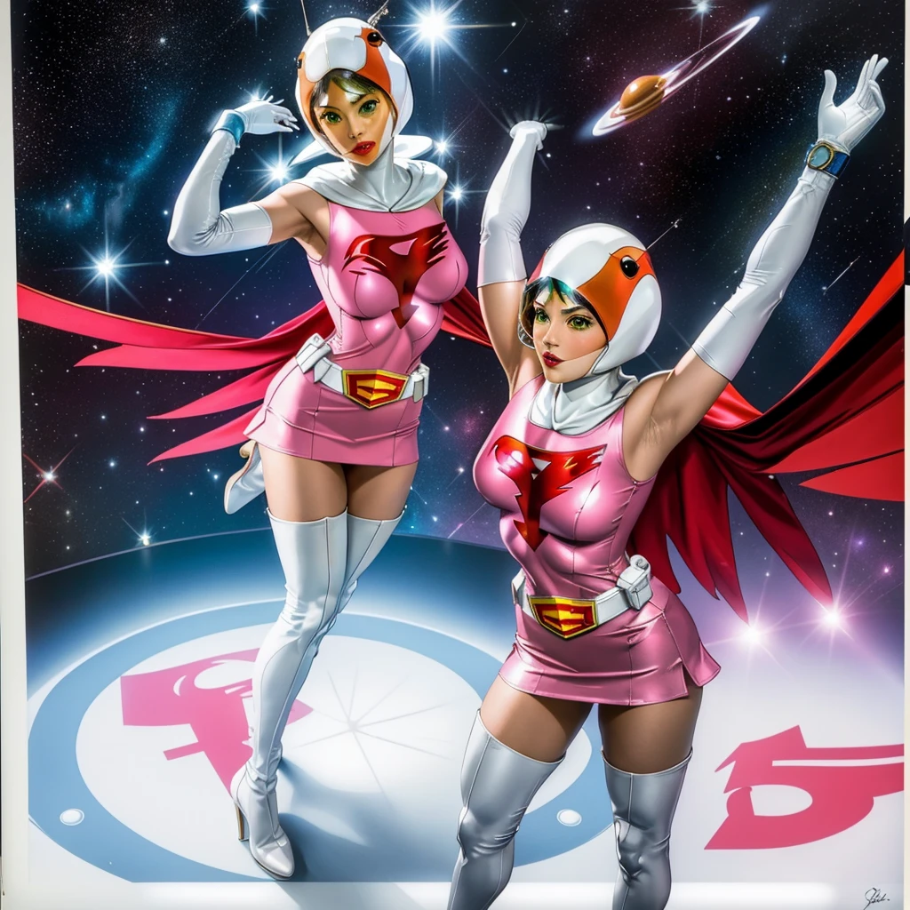 ANI_CLASSIC_jun_gatchaman_ownwaifu,1girl, ,good anatomy, masterpiece, best quality,realistic, hyperrealistic, 16k hdr,breasts,green eyes,lips,large breasts,lipstick,makeup,gloves,cape,helmet,belt,elbow gloves,white gloves,mask,ultra miniskirt,leotard,spacesuit,white tight overknee highheels boots,pink dress,superhero,bodysuit,cleavage,erected nipples,((standing pose,spread legs, arms up straight)),cameltoe