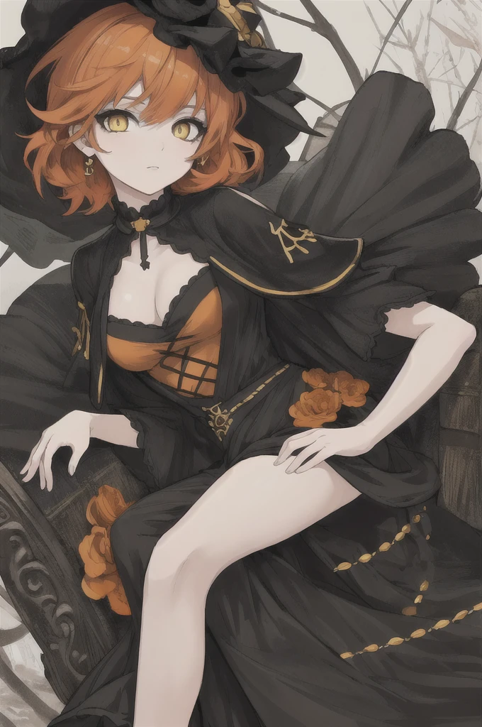 girl with short orange hair, yellow eyes, black dress, highly detailed high contrast hd masterpiece of best quality in high resolution