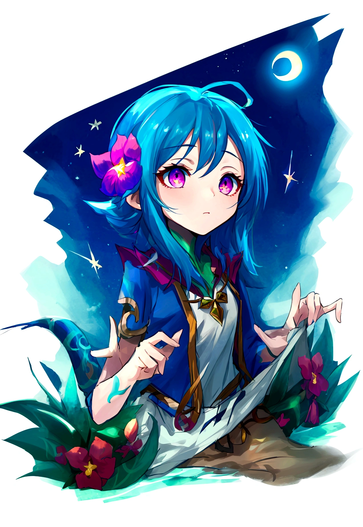 1 neeko,Alone,wide,He drowned,pink eyes,half closed eyes,small breasts,inclinación of cabeza,comforter,flower_of_Lapland_uniform,tied_shirt,Shooting Star,cropped torso,