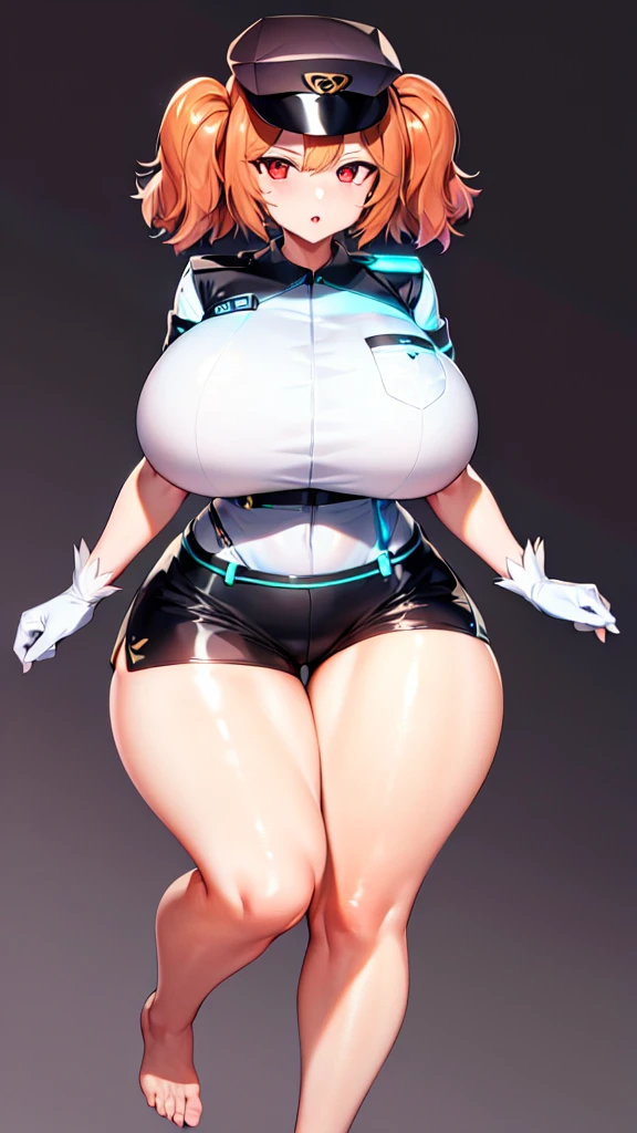 One girl, solo, Huge breasts, narrow waist, Red eyes,Cerberus_(base), Official Alternative Costumes, shiny skin, oily skin, gloves, (simple Background:1.6), white gloves,Both sides up, Short shorts, police, police uniform, Black shorts, policewoman, Garrison Cap, ((Thick thighs, Voluptuous thighs)), full body, feet,