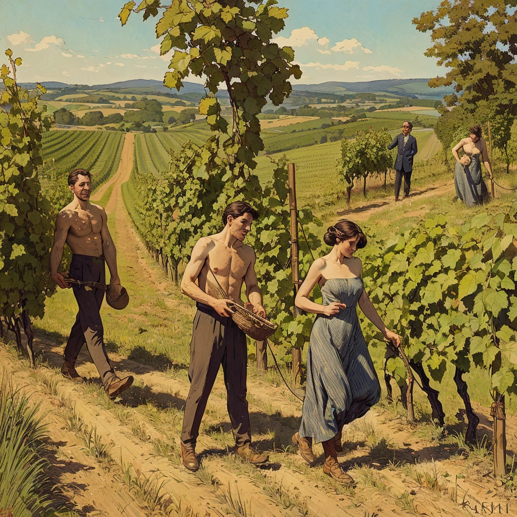 full body view, naked shaved rural saxones man and woman work in Vineyard on hill, Andrew Loomis style, Masterpiece work of art, highly detailed linework reminiscent of Carne Griffiths, imbued with Wadim Kashim's bold color and texture, light and airy as Carl Larsson's compositions, featuring Pascal Blanche-style hyper-realistic characte