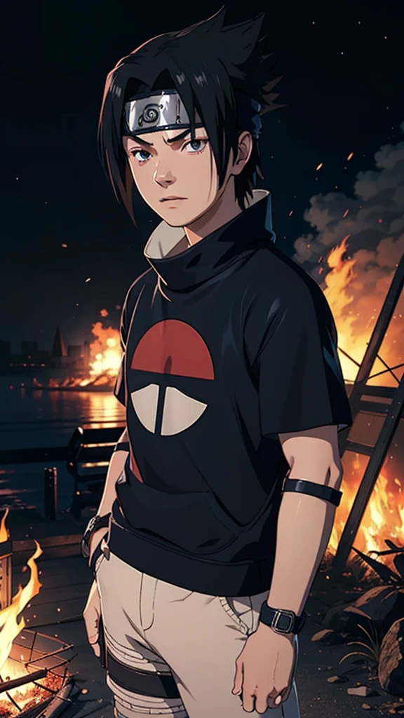 1 boy, Sasuke Uchiha, wearing a black t shirt , Uchiha mark on t shirt , red glowing detailed eyes, bonfire night, best quality, 3D figure, octane rendered, 24K resolution, extremely detailed