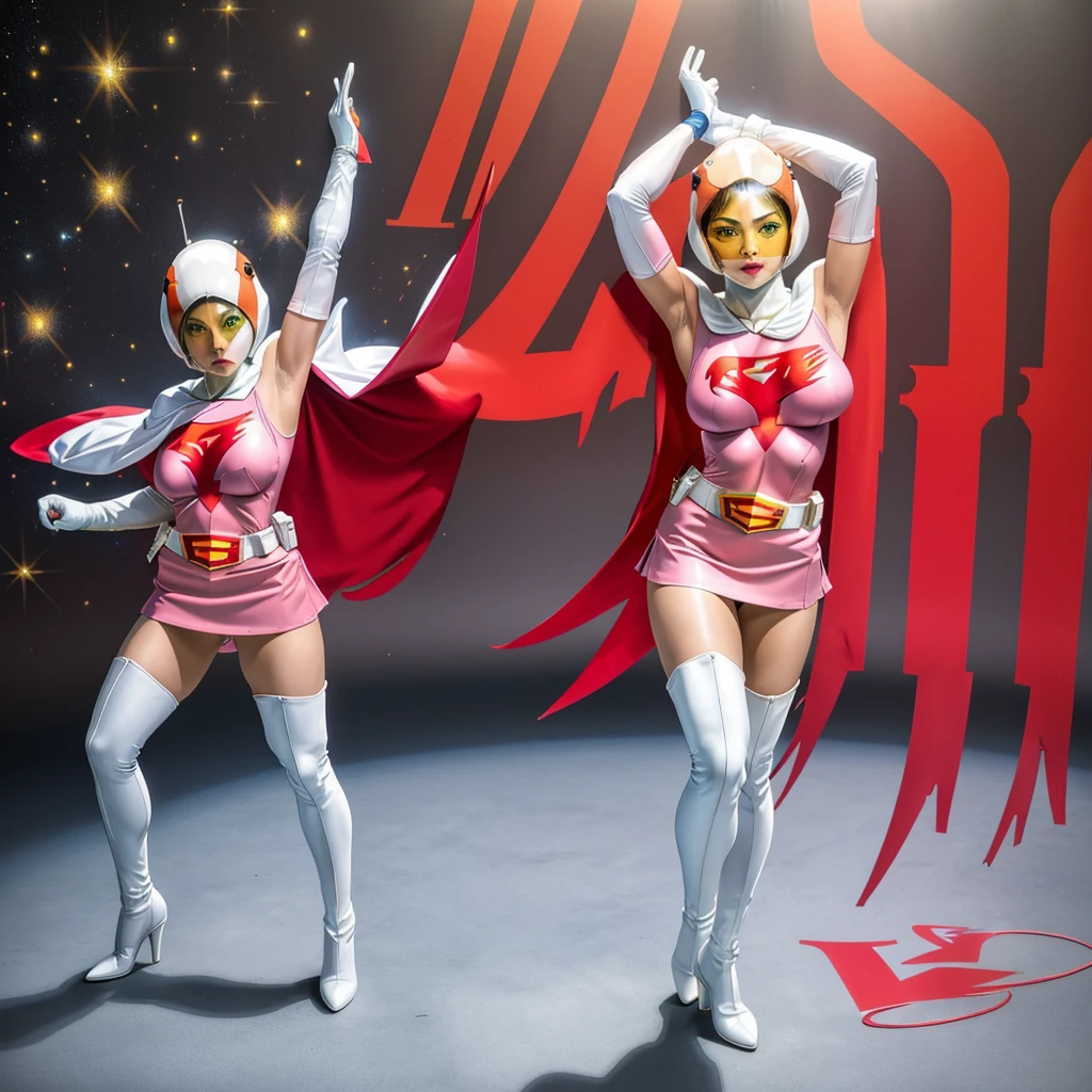 ANI_CLASSIC_jun_gatchaman_ownwaifu,1girl, 15 years old,good anatomy, masterpiece, best quality,realistic, hyperrealistic, 16k hdr,breasts,green eyes,lips,large breasts,lipstick,makeup,gloves,cape,helmet,belt,elbow gloves,white gloves,mask,ultra miniskirt,leotard,spacesuit,white tight overknee highheels boots,pink dress,superhero,bodysuit,cleavage,erected nipples,((standing pose,spread legs, arms up straight)),cameltoe