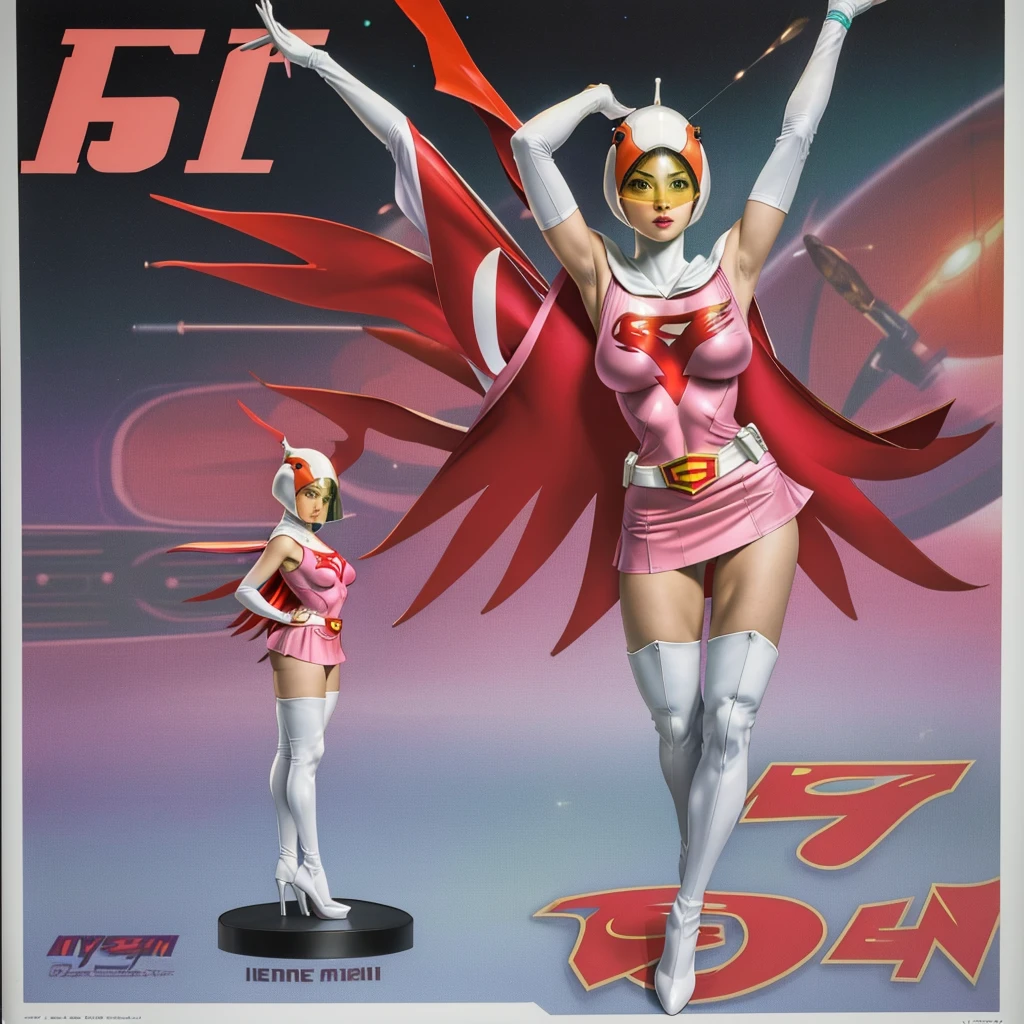 ANI_CLASSIC_jun_gatchaman_ownwaifu,1girl, 15 years old,good anatomy, masterpiece, best quality,realistic, hyperrealistic, 16k hdr,breasts,green eyes,lips,large breasts,lipstick,makeup,gloves,cape,helmet,belt,elbow gloves,white gloves,mask,ultra miniskirt,leotard,spacesuit,white tight overknee highheels boots,pink dress,superhero,bodysuit,cleavage,erected nipples,((standing pose,spread legs, arms up straight)),cameltoe