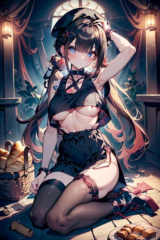 (perky chest:1.2), (pointed chest:1.2),(((Black Tunic:1.3))),(((cakes and bread in the basket),Cute and beautiful girl,masterpiece、highest quality、Very detailed、Beautiful fine details、One Girl、Detailed landscape、Training gym Room Background:1.4、Braided Ponytail、Red camisole、((B cup breasts, Tank top showing underboob:1.3)), black jacket, thigh strap, bangs, necktie, earrings, nail polish, fishnet pantyhose, multicolored hair, looking at viewer, full body, bottle, own hands together, belt, food, animal on head, black necktie, ring, choker, english text paper:1.2, collared shirt, blue eyes, platform boots, hat,lace-up boots ,
