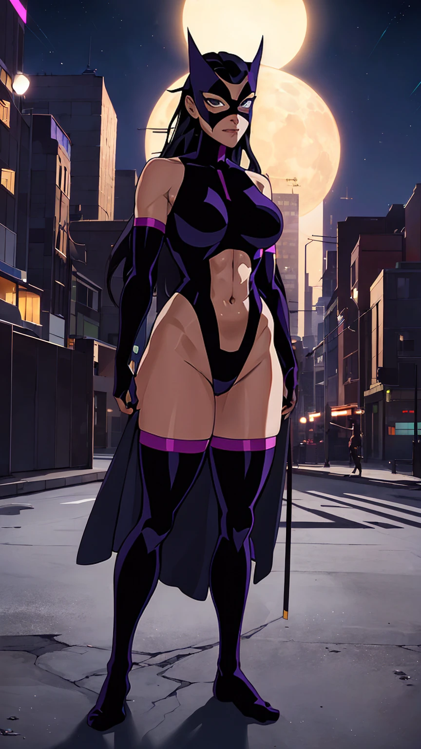 ((full body photo, standing, feet on the ground)) ((masterpiece,best quality)), absurdres,
Huntress_JLU, upper body, detailed mask, smug,
night sky and city lights in background, cinematic composition,