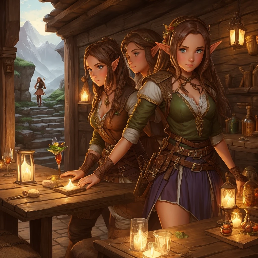 1 girl, adventurer, tavern, elf,