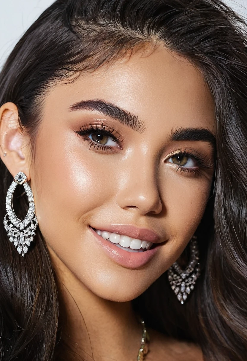a close up of a woman with long hair and earrings, violet myers, madison beer girl portrait, madison beer, :: madison beer, soft devil queen madison beer, alanis guillen, portrait sophie mudd, pokimane, gorgeous latina face, tanned ameera al taweel, looks like laura barriales, headshot profile picture, beautiful and smiling