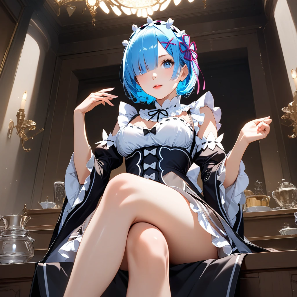score_9, score_8_up, score_7_up, rem_\(re:zero\)
blue_eyes,hair_over_one_eye,short_hair,blue_hair,hair_ribbon,roswaal_mansion_maid_uniform, 1girl, solo, sitting, crossed legs, from below
Masterpiece, best quality, detailed eyes, perfect face, award winning, hyper-realistic