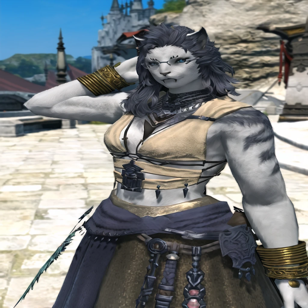 Final Fantasy 14-Stil, female character, pale grey skin, Final Fantasy 14 Scharf