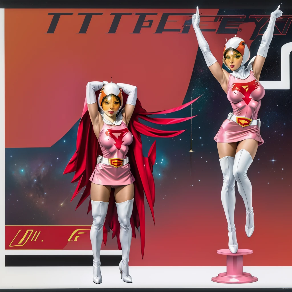 ANI_CLASSIC_jun_gatchaman_ownwaifu,1girl, ,good anatomy, masterpiece, best quality,realistic, hyperrealistic, 16k hdr,breasts,green eyes,lips,large breasts,lipstick,makeup,gloves,cape,helmet,belt,elbow gloves,white gloves,mask,ultra miniskirt,leotard,spacesuit,white tight overknee highheels boots,pink dress,superhero,bodysuit,cleavage,erected nipples,((standing pose,spread legs, arms up straight)),cameltoe