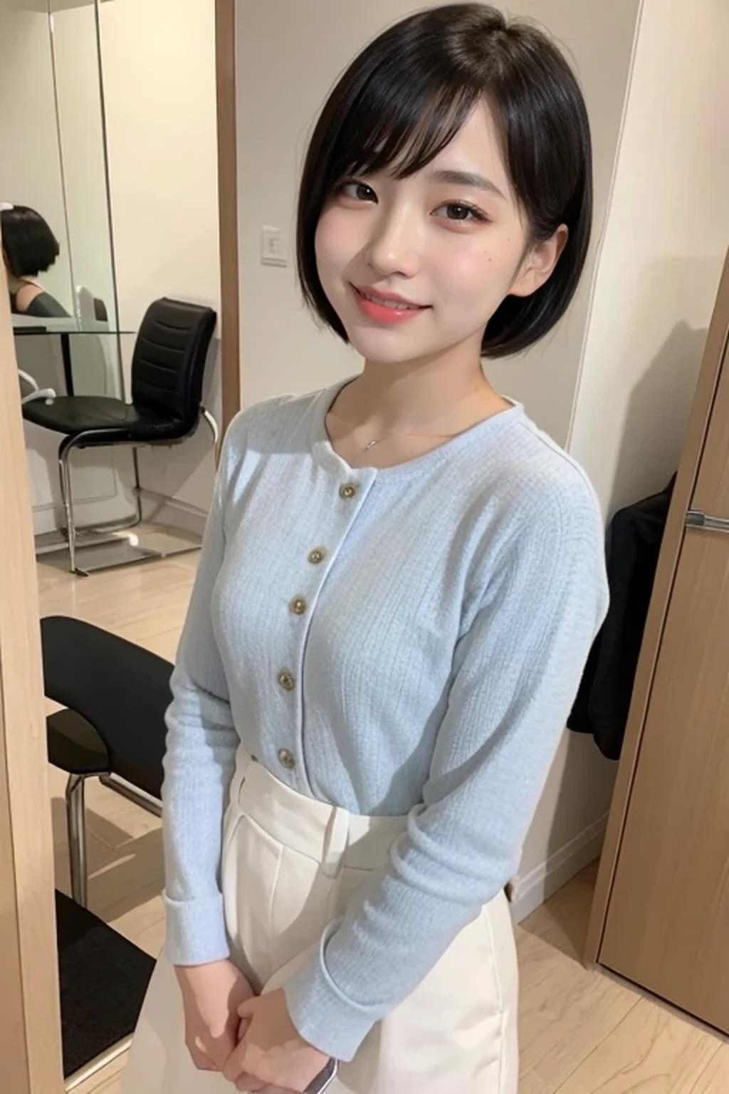 8k, RAW photo, best quality, masterpiece, realistic, photo-realistic, clear, professional lighting, beautiful face, best quality, ultra high res BREAK (full body 1.3), BREAK realistic Japanese cute, girl,14 years old, short cut hair, smile, BREAK , BREAK standing BREAK class room