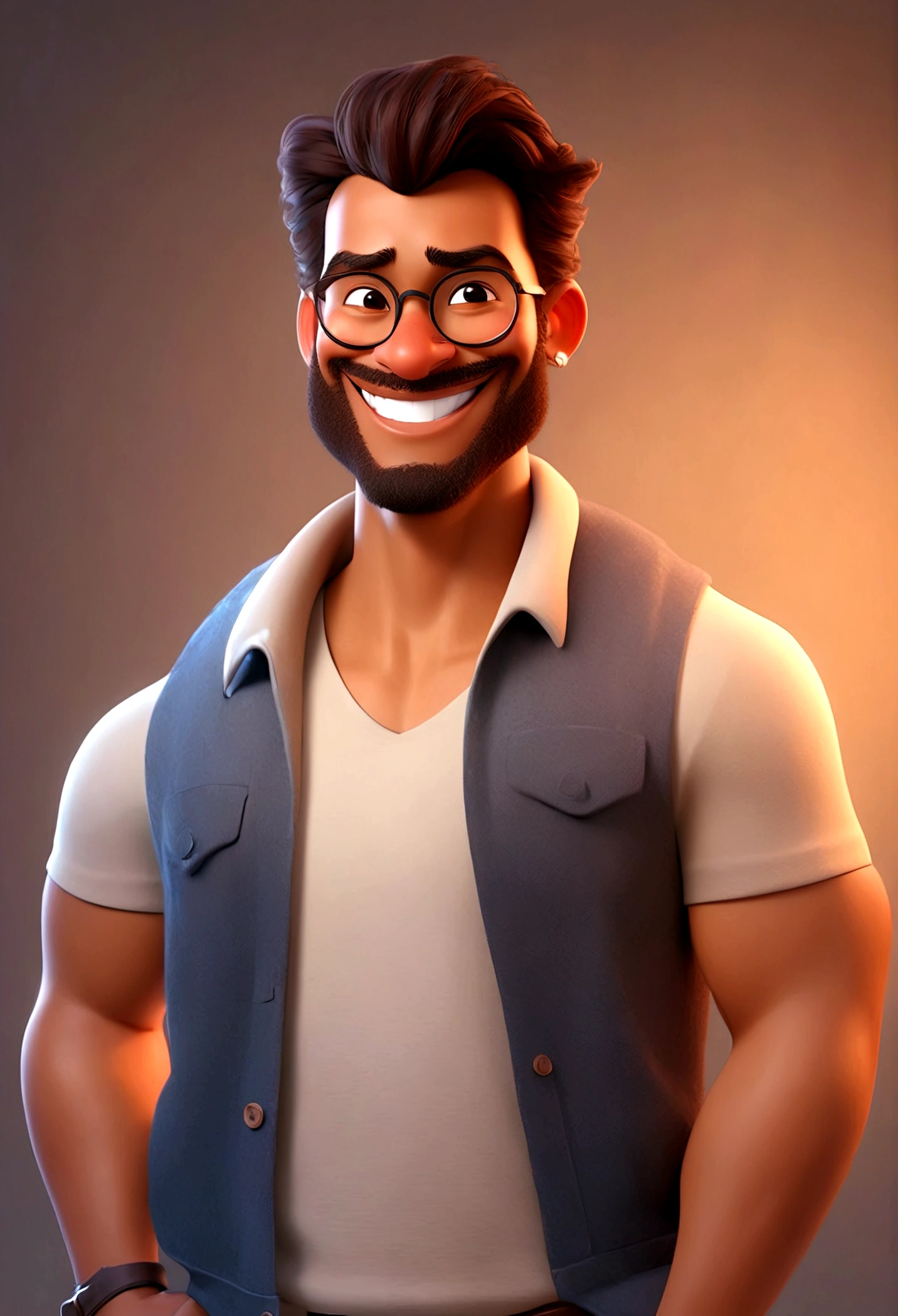 Illustration of smiling man, insane smile, brown skin man with a giant grin, smiling happily at the camera, cheeky smile, he is smiling, very huge smile, smiling male, headshot profile picture, laughing huge smile, drawing in 3D Art style, C4D, pure white color background, Disney  style, pixar style render illustration Super Detail, 8K