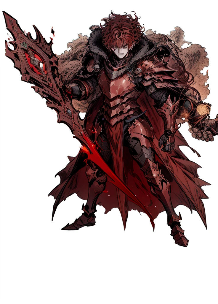 1boy,black crown, red hair, Long and curly hairstyle, crimson armor,volcanic knight, fire knight, legendary weapon ,beautiful clothes,(masterpiece, best quality), Angry,muscular, aura of fire