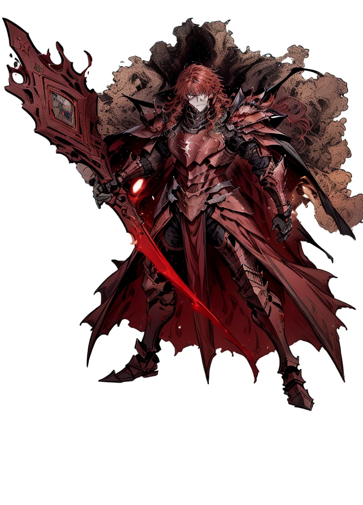 1boy,black crown, red hair, Long and curly hairstyle, crimson armor,volcanic knight, fire knight, legendary weapon ,beautiful clothes,(masterpiece, best quality), Angry,muscular, aura of fire