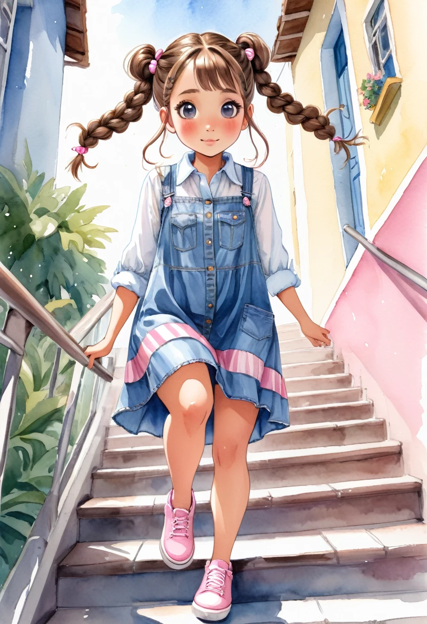 desenho aquarela, uma linda menininha de cabelos castanhos e olhos azuis, She wears denim dress with a white blouse with pink stripes, she wears braids in her hair, she is slipping on a stair railing, ela parece estar se divertindo