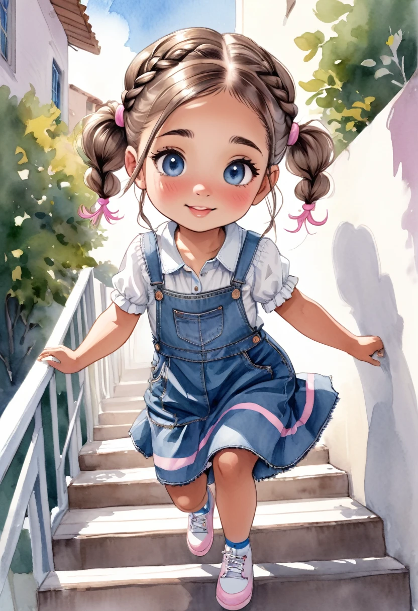 desenho aquarela, uma linda menininha de cabelos castanhos e olhos azuis, She wears denim dress with a white blouse with pink stripes, she wears braids in her hair, she is slipping on a stair railing, ela parece estar se divertindo