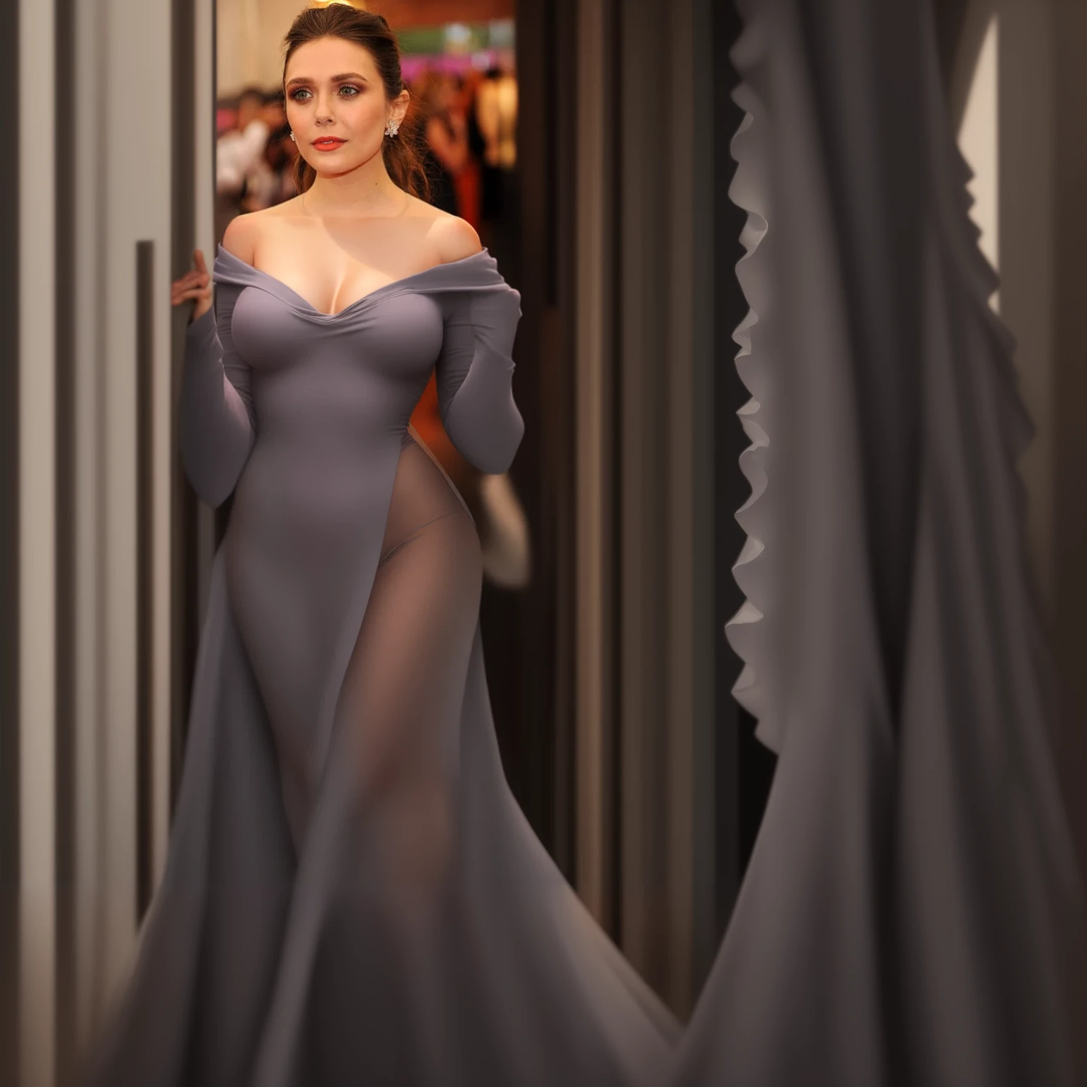 araffe woman in a long dress standing in a doorway, wearing an elegant dress, digital art of an elegant, transparent gray dress, sexy gown, elegant posed, stunning elegant pose, translucent dress, opened dress, woman in dress, sophisticated dress, wearing a long dress, wearing a magnificent dress, elegant pose, elegant glamor pose, standing elegant pose
