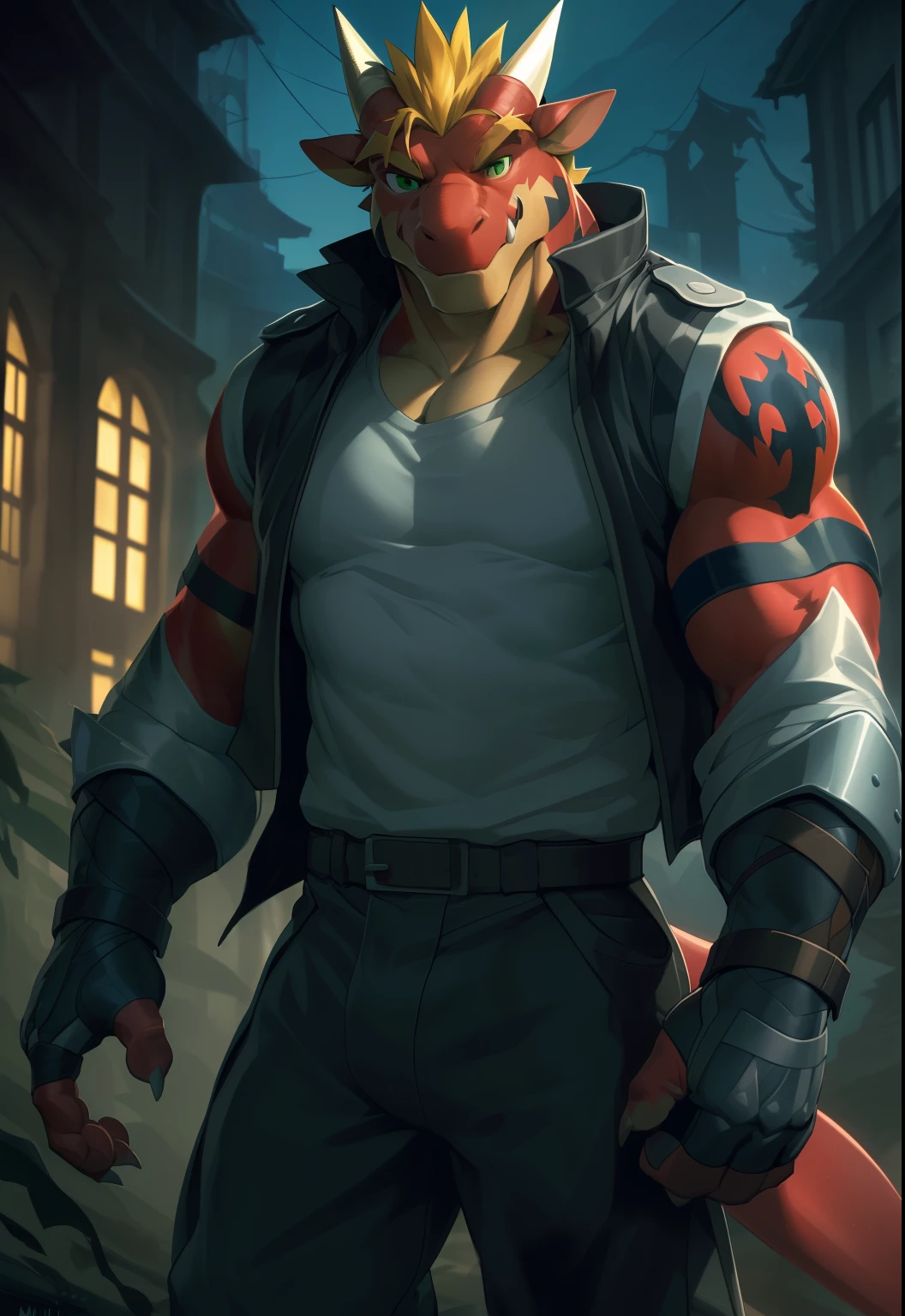 anthro, solo, delga, dragon, clothing, male, topwear, muscular, muscular anthro, jacket, shirt, fingerless gloves, green eyes, muscular male, red body, looking at viewer, hi res, bottomwear, tatoo, white vest, blonde hair, detailed background, photorealistic, realistic hands, 8k hd, extreme detail, (dark shadows, wide dynamic range, hdr, low light:1.2), by canyne khai,by milkytiger1145,by takemoto arashi,by null-ghost, sexy, smiling look