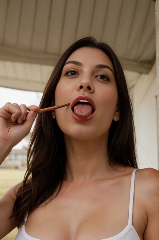 sticks out her tongue and looks up
