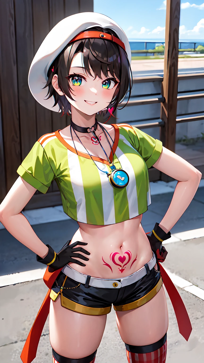 masterpiece, Highest quality, High resolution, Asbar, short hair, cap, Rear-facing hat, chest, clavicle, clock, Whistle around the neck, vertical-striped shirt, tie shirt, Short sleeve, Wristband, White shorts, Are standing, Cowboy Shot, smile, Outdoor、Baseball cap, whistle, Red legwear, White legwear, Absolute area、Thighismatched legwear,whole body, alone、High heels、whole bodyエスビアン長袖, Hands on hips, Pale skin, blush,(巨大なchest: 1.2), Fully transparent black blouse, Transparent invisible holder, Seductive pose, stripper, smile, blushする、Black Swimsuit、Uterus tattoo:1.3)(((High heels, )))(Sky Eye:1.2), (half:1.3), Wide Hips, Thighsが太い, (Thighsの隙間:1.2), Big Ass, (Shaved pussy, (Lower abdomen tattoo:1.5), (Heart Tattoo:1.5), (belly button: 1.1), (Expose your shoulders: 1.1), (邪悪なsmile: 1.3), 1 Girl, whole body, He has a large metal helmet on his head that covers his hair そし、
