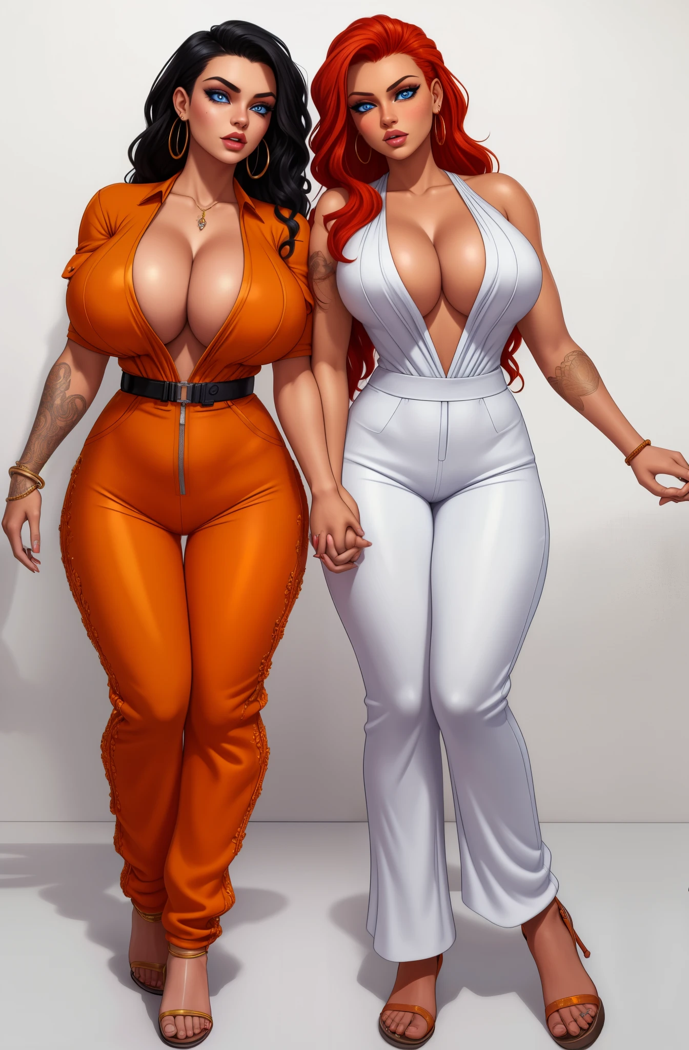 2girls, nose piercing, standing, jewelry, orange jumpsuit (insanely detailed, beautiful detailed face, masterpiece, best quality), cleavage, piercing blue eyes, full body shot, blank background, white background, holding hands, romantic, lesbian, black girl, white girl, red hair, black hair