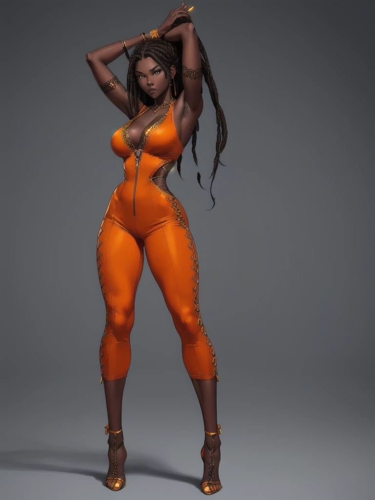 ((best quality)), ((4k)), ((highres)), ((masterpiece:1.2)). ((detailed)), ((ultra realistic)), ((intricate details)), ((full body picture)), ((solo character)), a full body picture of a beautifull Ebony skinned female, black woman, dark skin, ebony princess, ebony model, perfect face, detailed eyes, detailed lips, posing with her arms above her head, ((arms above her head)), about 25 years old, about 5'7 ft. tall, long thin dreadlocks down to her hips, ((emphasis on her long thin dreadlocks down to her hips)), pretty, feminine woman, toned body but not too muscular looking, hourglass figure, dressed in a skin-tight sleeveless full body orange jumpsuit, ((emphasis on the skin-tight sleeveless full body orange jumpsuit)), gold adornments, showing cleavage, glamorous, strappy lace up high, fighting game character concept art, tekken character design, the king of fighters character concept, full bofy, full body concept art, full body art