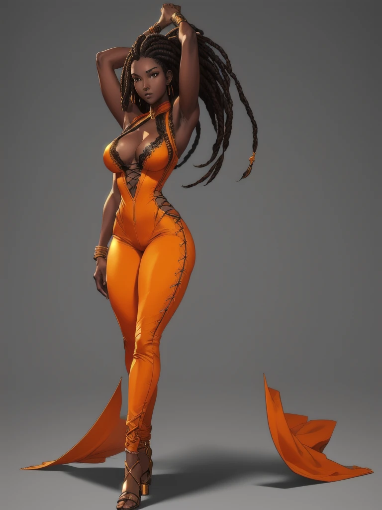 ((best quality)), ((4k)), ((highres)), ((masterpiece:1.2)). ((detailed)), ((ultra realistic)), ((intricate details)), ((full body picture)), ((solo character)), a full body picture of a beautifull Ebony skinned female, black woman, dark skin, ebony princess, ebony model, perfect face, detailed eyes, detailed lips, posing with her arms above her head, ((arms above her head)), about 25 years old, about 5'7 ft. tall, long thin dreadlocks down to her hips, ((emphasis on her long thin dreadlocks down to her hips)), pretty, feminine woman, toned body but not too muscular looking, hourglass figure, dressed in a skin-tight sleeveless full body orange jumpsuit, ((emphasis on the skin-tight sleeveless full body orange jumpsuit)), gold adornments, showing cleavage, glamorous, strappy lace up high, fighting game character concept art, tekken character design, the king of fighters character concept, full bofy, full body concept art, full body art

