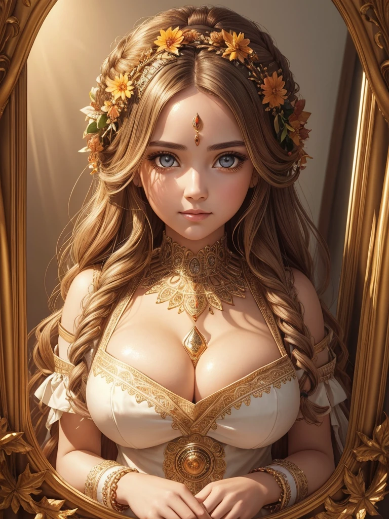 Highly detailed portrait of a goddess girl, In an autumn dress, (((busty))) Watching the sunrise, symmetrical face, symmetrical eyes, looks at the camera, Stunning photography, Photorealistic, soft pastels, very detailed, difficult, path tracing, illustration, insanely detailed, Overlay shadows, volumetric light, mirror lighting