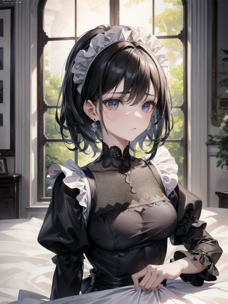 absurdres, RAW photo, extremely delicate and beautiful, masterpiece, Best Quality, ultra high resolution, 32k, hyperrealistic, ultra-detailed, delicate facial features, beautiful detailed woman, tearful mole, earring, medium breasts, full body shot, medium hair, black hair, (maid costume),
