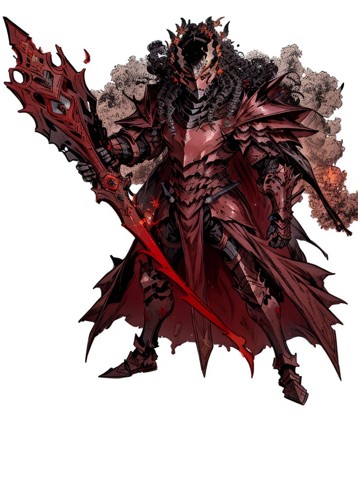 1boy,black crown, full face helmet, Long and curly hairstyle, crimson armor,volcanic knight, fire knight, legendary weapon ,beautiful clothes,(masterpiece, best quality), Angry,muscular, aura of fire