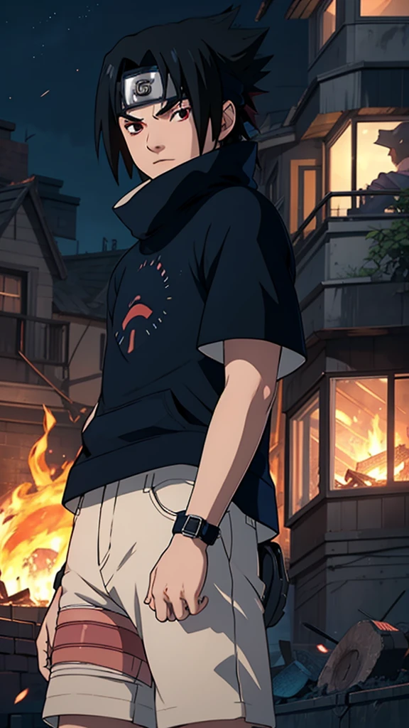 1 boy, Sasuke Uchiha, wearing a black t shirt , Uchiha mark on  t shirt , red glowing detailed eyes, bonfire night, best quality, 3D figure, octane rendered, 24K resolution, extremely detailed 