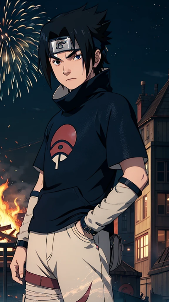 1 boy, Sasuke Uchiha, wearing a black t shirt , Uchiha mark on t shirt , red glowing detailed eyes, bonfire night, best quality, 3D figure, octane rendered, 24K resolution, extremely detailed