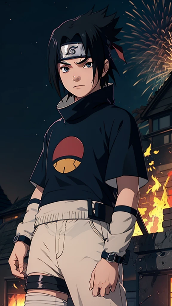 1 boy, Sasuke Uchiha, wearing a black t shirt , Uchiha mark on  t shirt , red glowing detailed eyes, bonfire night, best quality, 3D figure, octane rendered, 24K resolution, extremely detailed 