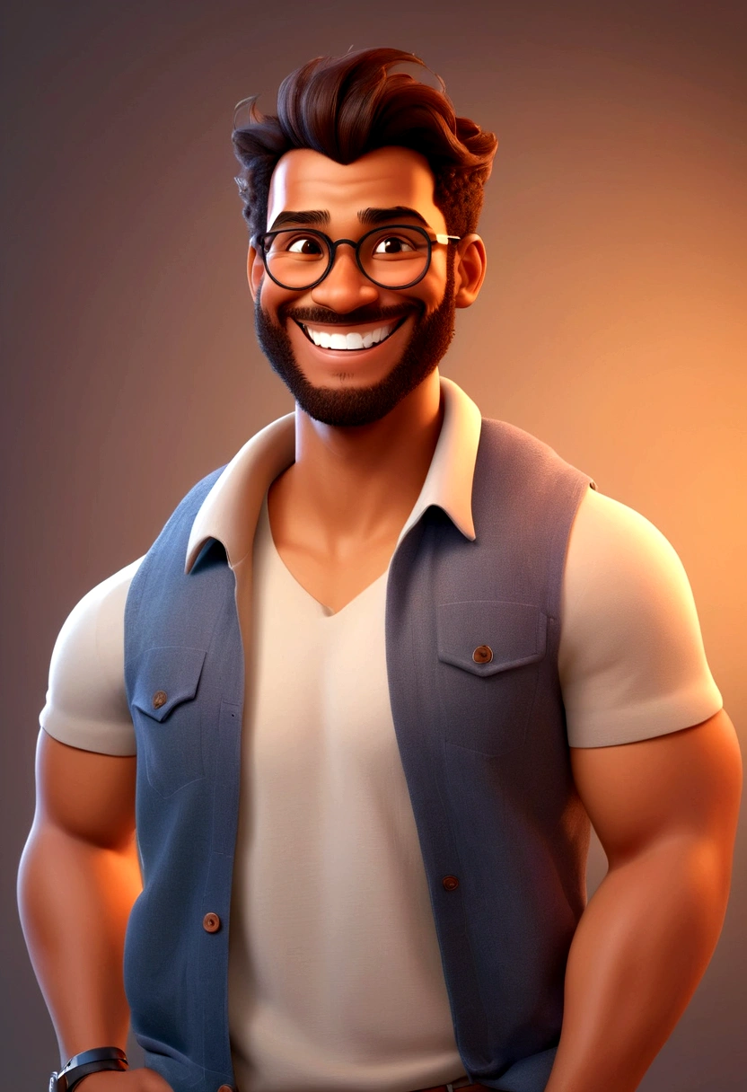 Illustration of smiling man, insane smile, brown skin man with a giant grin, smiling happily at the camera, cheeky smile, he is smiling, very huge smile, smiling male, headshot profile picture, laughing huge smile, drawing in 3D Art style, C4D, pure white color background, Disney style, pixar style render illustration Super Detail, 8K